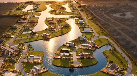 Render aéreo dos lagos internos entre as casas, refletindo o pôr do sol